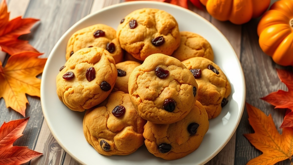 Chewy Pumpkin Cookies with Raisins and Cinnamon A plate of soft pumpkin cookies with raisins, surrounded by autumn decor.